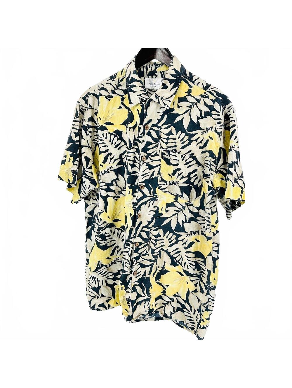 Vintage 90s Bill Blass 100% Silk Navy Yellow Hawaiian Shirt